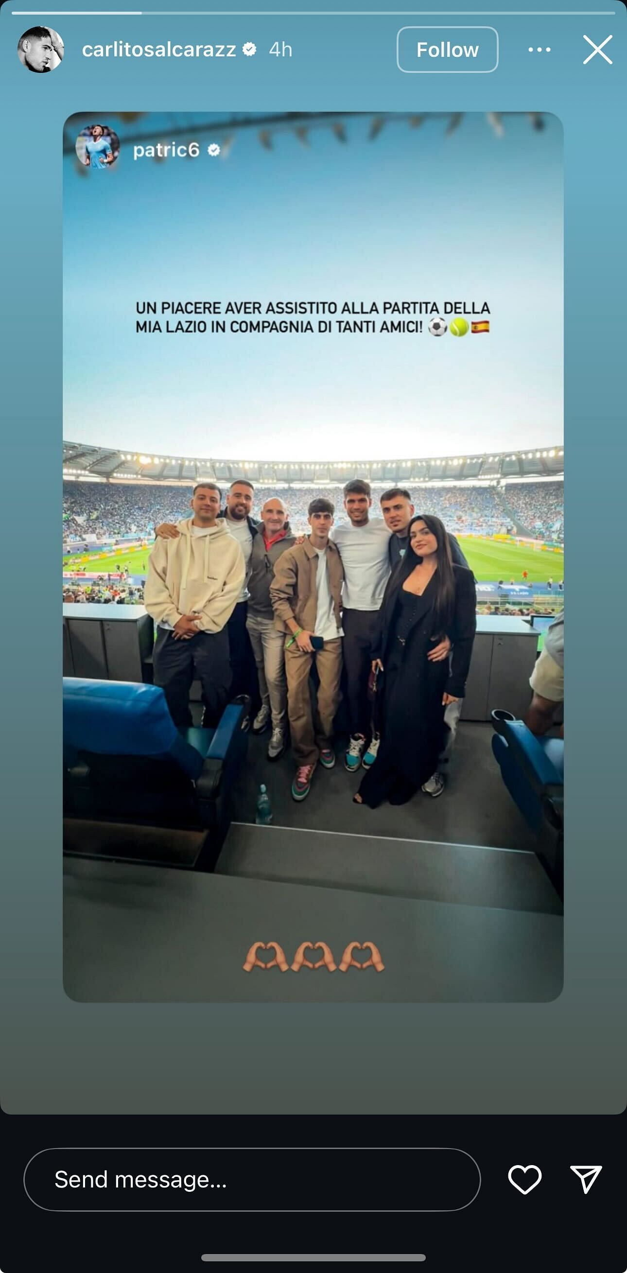 Lazio star Patric's Instagram Story featuring Alcaraz, dated Saturday, May 10, 2025 (Source: Instagram/patric6)